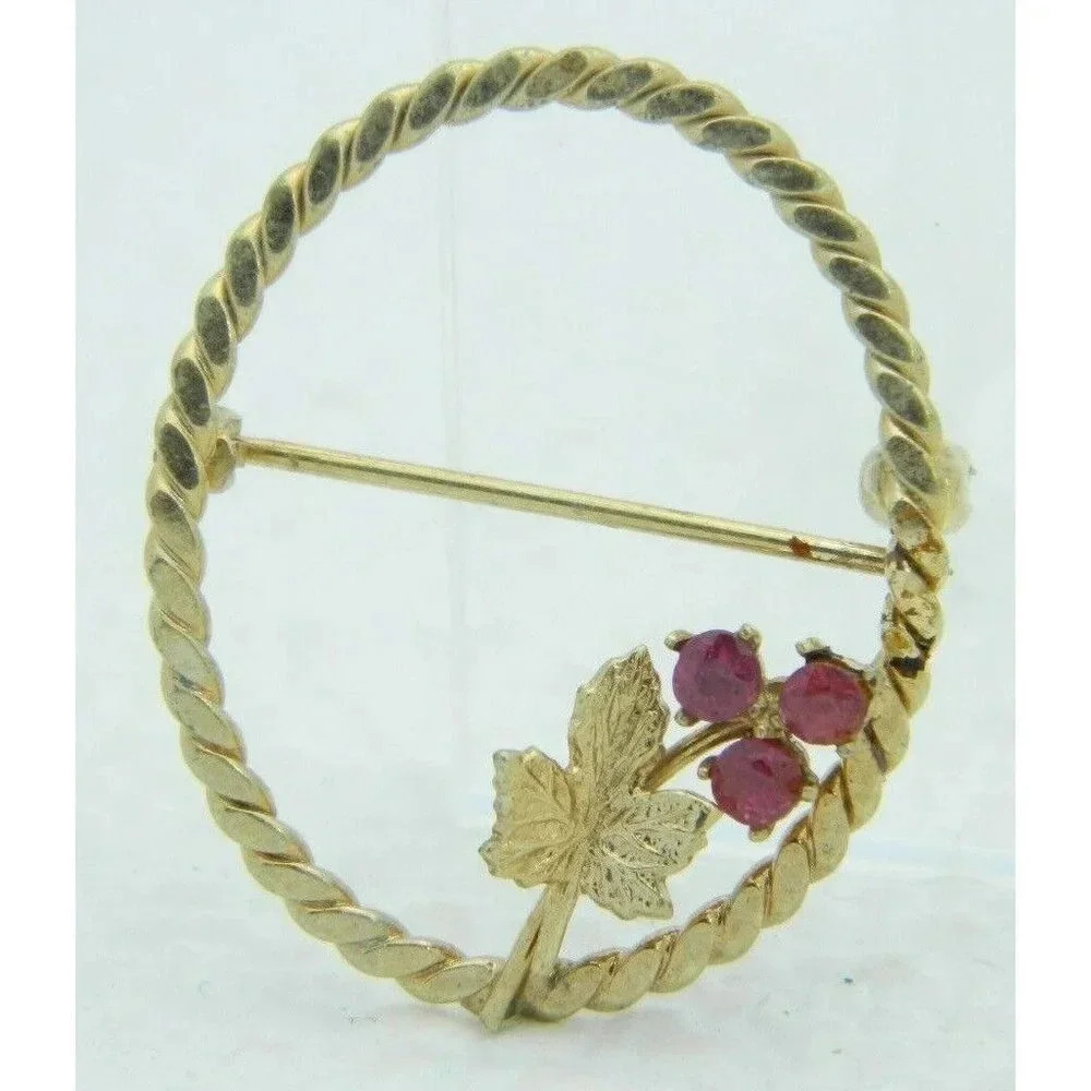 VTG DCE DEC 1/20 14kt Gold Filled Red Rhinestone Flower Leaf Circle Pin Brooch